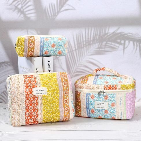 3Pcs Quilted Makeup Bag - Cotton Large Floral Makeup Bag, Travel Cosmetic Bag Cute Flower Aesthetic Floral Toiletry Organizer Bag Set for Women (09Off White-Bear) in Saudi Arabia