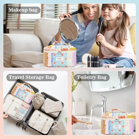 3Pcs Quilted Makeup Bag - Cotton Large Floral Makeup Bag, Travel Cosmetic Bag Cute Flower Aesthetic Floral Toiletry Organizer Bag Set for Women (09Off White-Bear) in Saudi Arabia