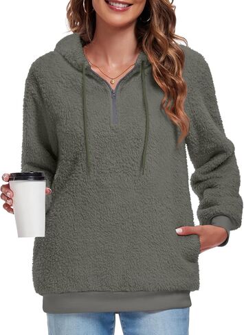 Bestbee Women's Plus Size Warm Fleece Pullover Sweaters, Long Sleeve Fuzzy Hoodies Half Zip-Up with Pockets, 2XL, Silver Grey in Saudi Arabia