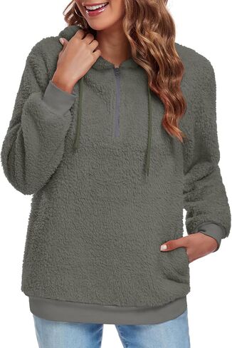 Bestbee Women's Plus Size Warm Fleece Pullover Sweaters, Long Sleeve Fuzzy Hoodies Half Zip-Up with Pockets, 2XL, Silver Grey in Saudi Arabia