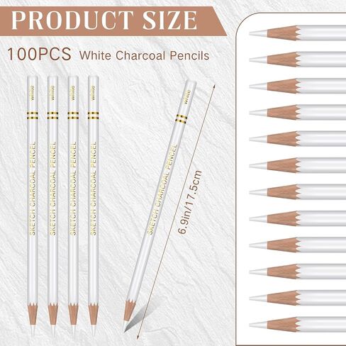 100 Pcs Charcoal Pencils Drawing Set, Charcoal Pencils bulk for Drawing Sketching Shading Blending Portrait Beginners and Artists(White,White Style) in Kuwait