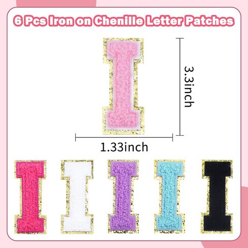 6Pcs 3.1 Inch Iron on Chenille Letter Patches, Glitter Preppy Varsity Letter Patches for Clothes and Hats, Alphabet Cloth Patch for Team Costume Decoration(Mixed Color, I) in Saudi Arabia