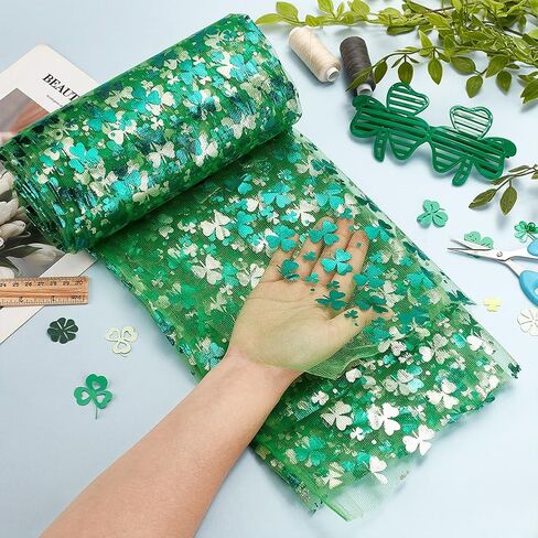 MAYJOYDIY 3.3yards Foil Covers Organza Mesh Fabric 59inch Wide Green Tulle Fabric Sparkling Lucky Clover Organza Fabric Tulle for St.Patrick's Day Party DIY Craft Making Gift Wrap in Saudi Arabia