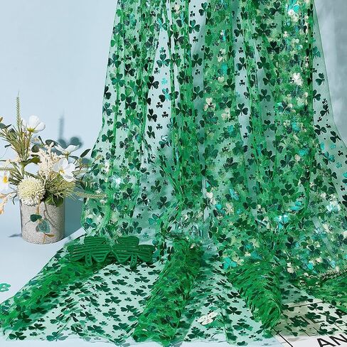 MAYJOYDIY 3.3yards Foil Covers Organza Mesh Fabric 59inch Wide Green Tulle Fabric Sparkling Lucky Clover Organza Fabric Tulle for St.Patrick's Day Party DIY Craft Making Gift Wrap in Saudi Arabia