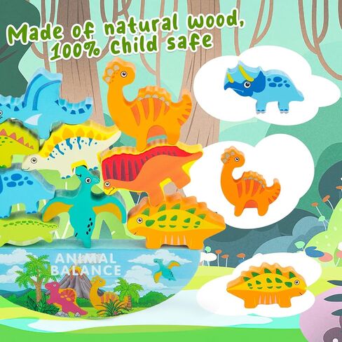 3 otters 12PCS Wooden Dinosaur Toys for Kids, Wooden Stacking Montessori Toys for Toddlers Balance Competition Game Boy Family Birthday Gifts in Saudi Arabia