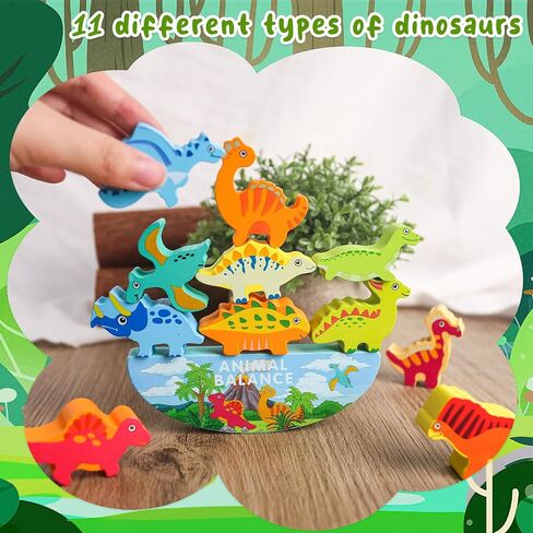 3 otters 12PCS Wooden Dinosaur Toys for Kids, Wooden Stacking Montessori Toys for Toddlers Balance Competition Game Boy Family Birthday Gifts in Saudi Arabia