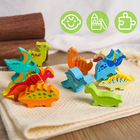 3 otters 12PCS Wooden Dinosaur Toys for Kids, Wooden Stacking Montessori Toys for Toddlers Balance Competition Game Boy Family Birthday Gifts in Saudi Arabia