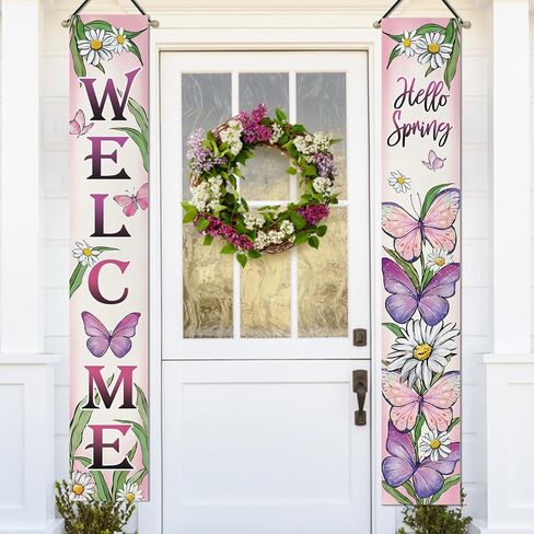 Welcome Spring Butterfly Porch Banner Sign, Hello Spring Daisy Flower Front Door Decorative Hanging Banner Flag, Floral Seasonal Pink Purple Decoration Home Outdoor Decor in Kuwait