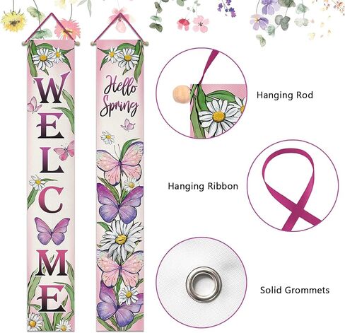 Welcome Spring Butterfly Porch Banner Sign, Hello Spring Daisy Flower Front Door Decorative Hanging Banner Flag, Floral Seasonal Pink Purple Decoration Home Outdoor Decor in Kuwait