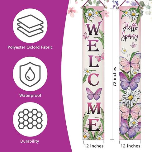 Welcome Spring Butterfly Porch Banner Sign, Hello Spring Daisy Flower Front Door Decorative Hanging Banner Flag, Floral Seasonal Pink Purple Decoration Home Outdoor Decor in Kuwait
