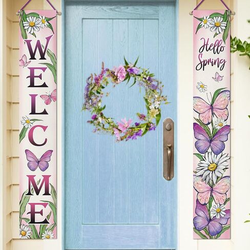 Welcome Spring Butterfly Porch Banner Sign, Hello Spring Daisy Flower Front Door Decorative Hanging Banner Flag, Floral Seasonal Pink Purple Decoration Home Outdoor Decor in Kuwait
