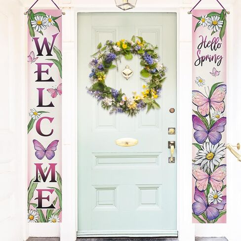 Welcome Spring Butterfly Porch Banner Sign, Hello Spring Daisy Flower Front Door Decorative Hanging Banner Flag, Floral Seasonal Pink Purple Decoration Home Outdoor Decor in Kuwait