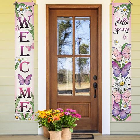 Welcome Spring Butterfly Porch Banner Sign, Hello Spring Daisy Flower Front Door Decorative Hanging Banner Flag, Floral Seasonal Pink Purple Decoration Home Outdoor Decor in Kuwait