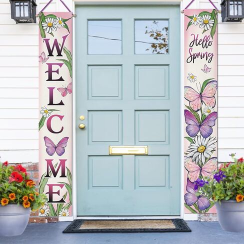 Welcome Spring Butterfly Porch Banner Sign, Hello Spring Daisy Flower Front Door Decorative Hanging Banner Flag, Floral Seasonal Pink Purple Decoration Home Outdoor Decor in Kuwait