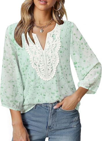 VALOLIA Women's Casual 3/4 Sleeve Chiffon Blouses V Neck Layered Embroidery Tunic Shirts in Kuwait
