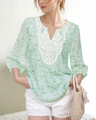 VALOLIA Women's Casual 3/4 Sleeve Chiffon Blouses V Neck Layered Embroidery Tunic Shirts in Kuwait