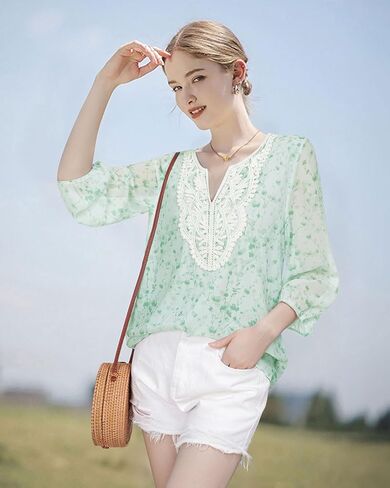 VALOLIA Women's Casual 3/4 Sleeve Chiffon Blouses V Neck Layered Embroidery Tunic Shirts in Kuwait