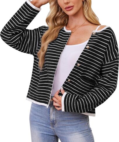Women's Cardigan Sweaters Striped Sweater Jacket with Pockets Button Down 2024 Fall Knit Casual Coat Cropped Outwear in Saudi Arabia