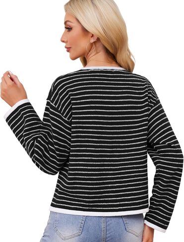 Women's Cardigan Sweaters Striped Sweater Jacket with Pockets Button Down 2024 Fall Knit Casual Coat Cropped Outwear in Saudi Arabia