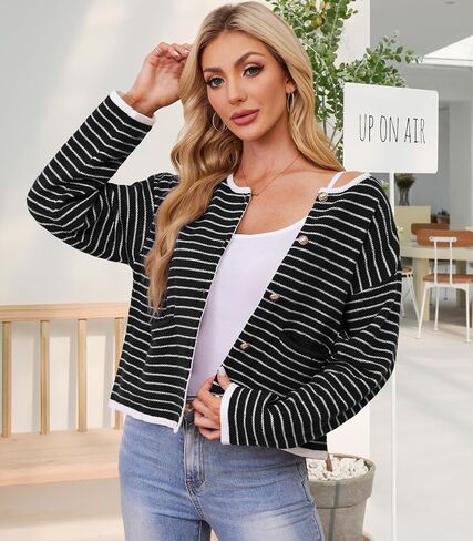 Women's Cardigan Sweaters Striped Sweater Jacket with Pockets Button Down 2024 Fall Knit Casual Coat Cropped Outwear in Saudi Arabia