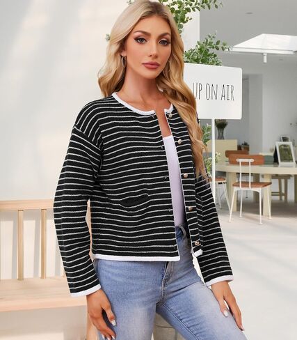 Women's Cardigan Sweaters Striped Sweater Jacket with Pockets Button Down 2024 Fall Knit Casual Coat Cropped Outwear in Saudi Arabia