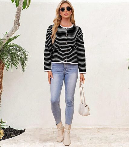 Women's Cardigan Sweaters Striped Sweater Jacket with Pockets Button Down 2024 Fall Knit Casual Coat Cropped Outwear in Saudi Arabia