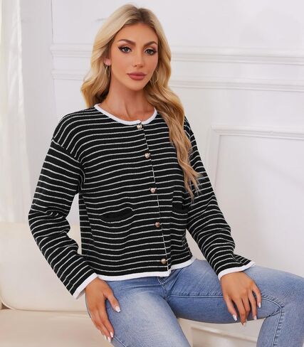 Women's Cardigan Sweaters Striped Sweater Jacket with Pockets Button Down 2024 Fall Knit Casual Coat Cropped Outwear in Saudi Arabia