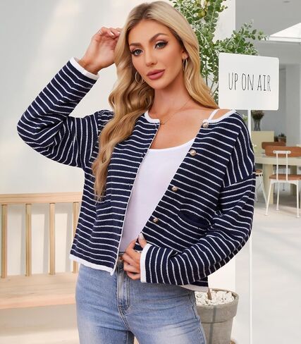 Women's Cardigan Sweaters Striped Sweater Jacket with Pockets Button Down 2024 Fall Knit Casual Coat Cropped Outwear in Saudi Arabia