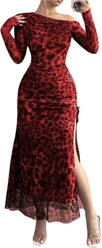 GORGLITTER Women's Ruched Mesh Dress Cheetah Leopard Y2k Dresses Asymmetrical Neck Split Thigh Dresses in Saudi Arabia