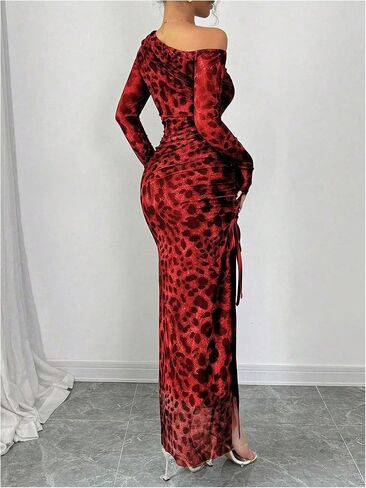 GORGLITTER Women's Ruched Mesh Dress Cheetah Leopard Y2k Dresses Asymmetrical Neck Split Thigh Dresses in Saudi Arabia