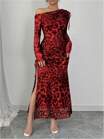 GORGLITTER Women's Ruched Mesh Dress Cheetah Leopard Y2k Dresses Asymmetrical Neck Split Thigh Dresses in Saudi Arabia