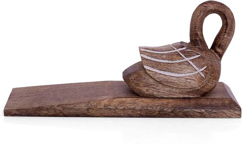 Unique Decorative Wooden Door Stopper Holder Wedge Jammer Multi Surface Non Skid for Kids Room On Wood Carpet Tile Concrete for Baby Child Safety Heavy Duty Wall Protector for Home (Swan) in Saudi Arabia