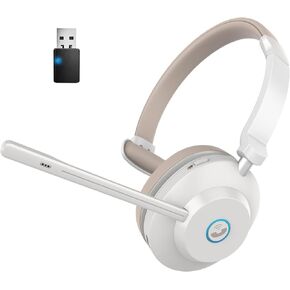 Bluetooth Headset V5.3, Wireless Headset with Microphone for PC, 45Hrs Talk Time Wireless Headphones Noise Canceling with USB Dongle & Mute for Laptops/Phones/Skype/Teams/Zoom/Office Light Brown