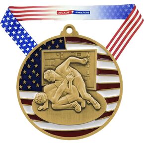 Wrestling Patriotic Medal, Gold - 2.75 Inch Wide First Place Medallion with Stars and Stripes American Flag V Neck Ribbon - Decade Awards