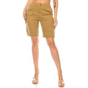 Double Denim January 5 th Women's Cargo Shorts - Casual High Waist Elastic Waistband Fatigue Bermuda Pants with Multi Pockets