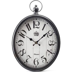Oval Large Wall Clock Silent Non-Ticking Metal Battery Operated Retro Wall Clock Antique Design Rustic Vintage Style Decor Wall Clock for Living Room Kitchen Farmhouse 16 inch (black, 16inches)