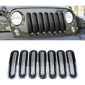 Gloss Black Front Mesh Grille Inserts Guard Cover Fits For 2007-2017 Wrangler JK JKU Sport Freedom Unlimited Sahara Rubicon 2-Door & 4-Door(Not Fits 2016-2017 Wrangler Unlimited Sahara)