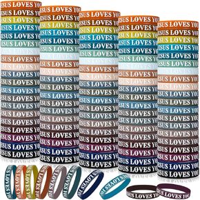 Lewtemi 100 Pcs Jesus Loves You Silicone Wristbands Colorful Rubber Bracelets Motivational Rubber Wristbands Christian Bracelets Silicone Inspirational Bracelet for Men Women Party Favors