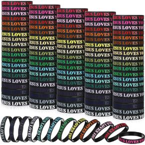Lewtemi 100 Pcs Jesus Loves You Silicone Wristbands Colorful Rubber Bracelets Motivational Rubber Wristbands Christian Bracelets Silicone Inspirational Bracelet for Men Women Party Favors