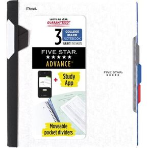 Five Star Advance Spiral Notebook Plus Study App, 3 Subject, College Ruled Paper, 11" x 8-1/2", 150 Sheets, With Spiral Guard and Movable Dividers, Fire Red, 1 Count (73134)