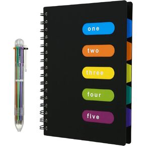 Kesoto A5 Lined Notebook with Multicolored Pen Wire Spiral Subject Notebook Journal with 5 Divider Tabs & 6 Color Retractable Ballpoint Pen, 240 Pages, Blue