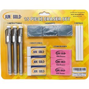June Gold 15 Piece Art Eraser Set, 3 White Vinyl (Firm), 3 Pink Rubber (Medium), 3 Kneaded (Soft), 3 Retractable (Precision), & 3 Retractable Refills