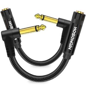 HOSONGIN 1/4 Inch TS Mono Female to Right Angle TS Mono Adapter for Guitar Amp Mixer Cable, Length 12inch, 2-Pack