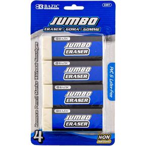 BAZIC Erasers, Jumbo Vinyl Pencil Eraser (4/Pack), Latex Free, White Large Size Block Erasers for Art Drawing School Office Kids Teachers, 1-Pack