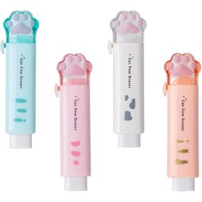 4 Pcs Cute Erasers, Retractable Eraser Kawaii Cat Paw Erasers for Kids,Rubber Push-Pull Eraser for Students Writing,Drawing Aesthetic Erasers for School/Office Supplies(Pink/Blue/White/Orange)