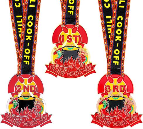 3 Packs Chili Cook Off Trophy Medals 1st Place Gold, 2nd Place Silver, 3rd Place Bronze Positions Chili Cook Off Prizes with Neck Ribbons for Award Ceremony in Saudi Arabia