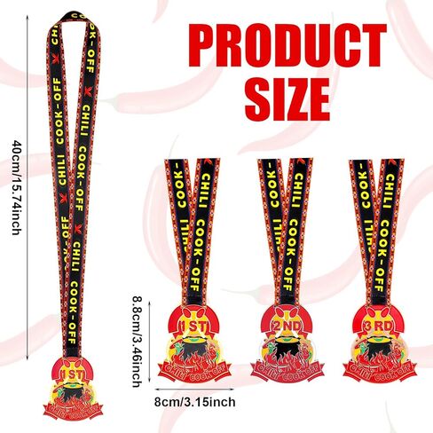 3 Packs Chili Cook Off Trophy Medals 1st Place Gold, 2nd Place Silver, 3rd Place Bronze Positions Chili Cook Off Prizes with Neck Ribbons for Award Ceremony in Saudi Arabia