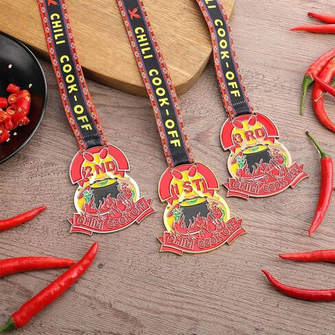 3 Packs Chili Cook Off Trophy Medals 1st Place Gold, 2nd Place Silver, 3rd Place Bronze Positions Chili Cook Off Prizes with Neck Ribbons for Award Ceremony in Saudi Arabia