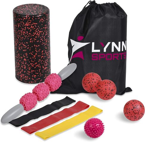 مجموعة أدوات التمرين الإسفنجية عالية الكثافة | 8 في 1 + حقيبة حمل (EVA Muscle Roller ick، 3 كرات تدليك و3 أربطة مقاومة) - علاج طبيعي لمنع الإصابات وتدليك الأنسجة العميقة، وردي in Saudi Arabia