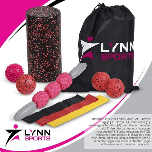 مجموعة أدوات التمرين الإسفنجية عالية الكثافة | 8 في 1 + حقيبة حمل (EVA Muscle Roller ick، 3 كرات تدليك و3 أربطة مقاومة) - علاج طبيعي لمنع الإصابات وتدليك الأنسجة العميقة، وردي in Saudi Arabia